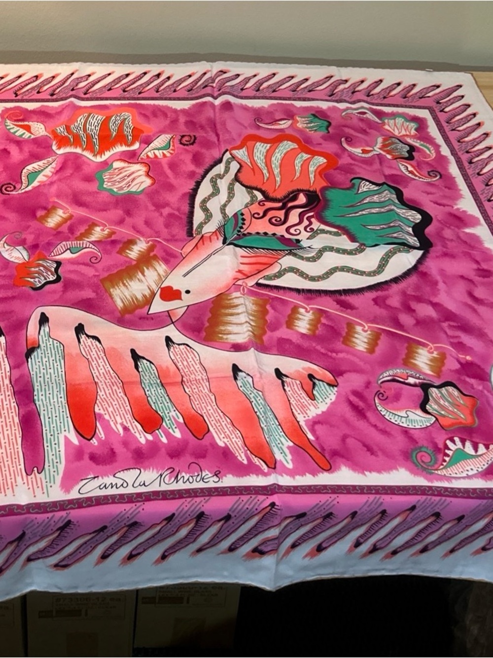 Zandra Rhodes Vintage Silk Scarf 1980s Abstract Art Large 32.5 X 33.5 ITALY